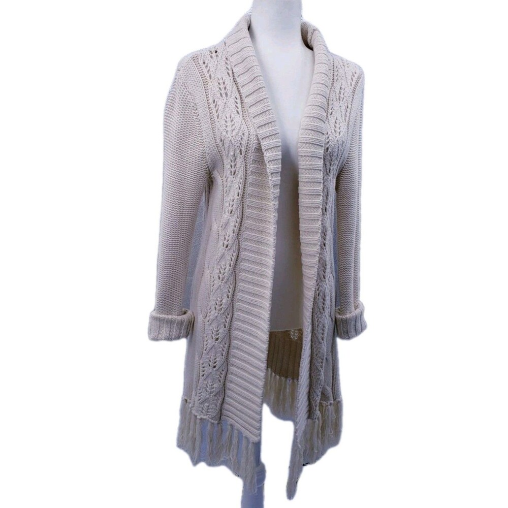 Vintage Y2k Cable Knit Cardigan Copper Key Women's L Ivory Fringed Shawl Collar
